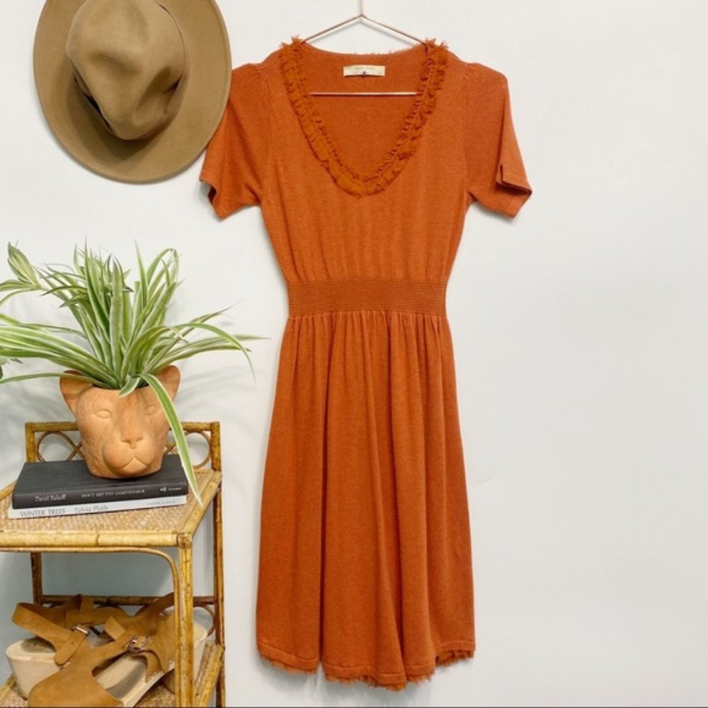 anthro | isabella sinclair jacinth rust knit sweater dress ruffle trim xs